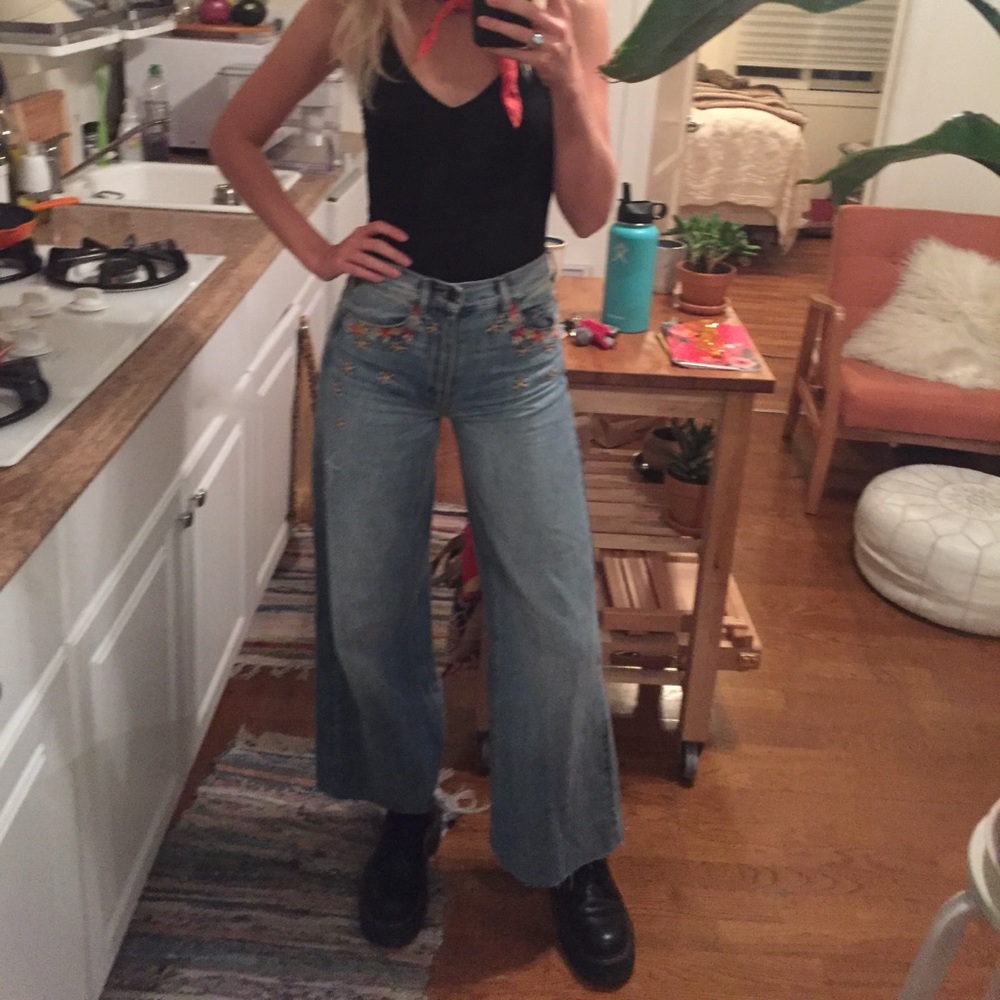 Free people embroidered wide legged denim